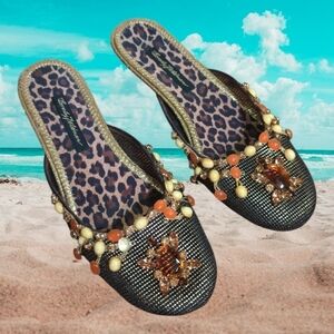 Beverly Feldman Designer Black/ Gold mesh jeweled Mules Decorative Beads Sz 8